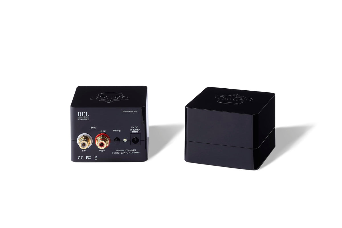 REL Acoustics HT-Air MKII setup diagram showing seamless transmitter-receiver pairing.