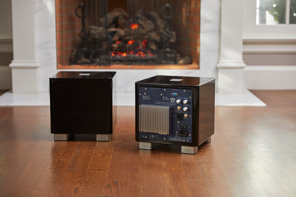 REL Acoustics T5x high gloss black finish matches modern decor