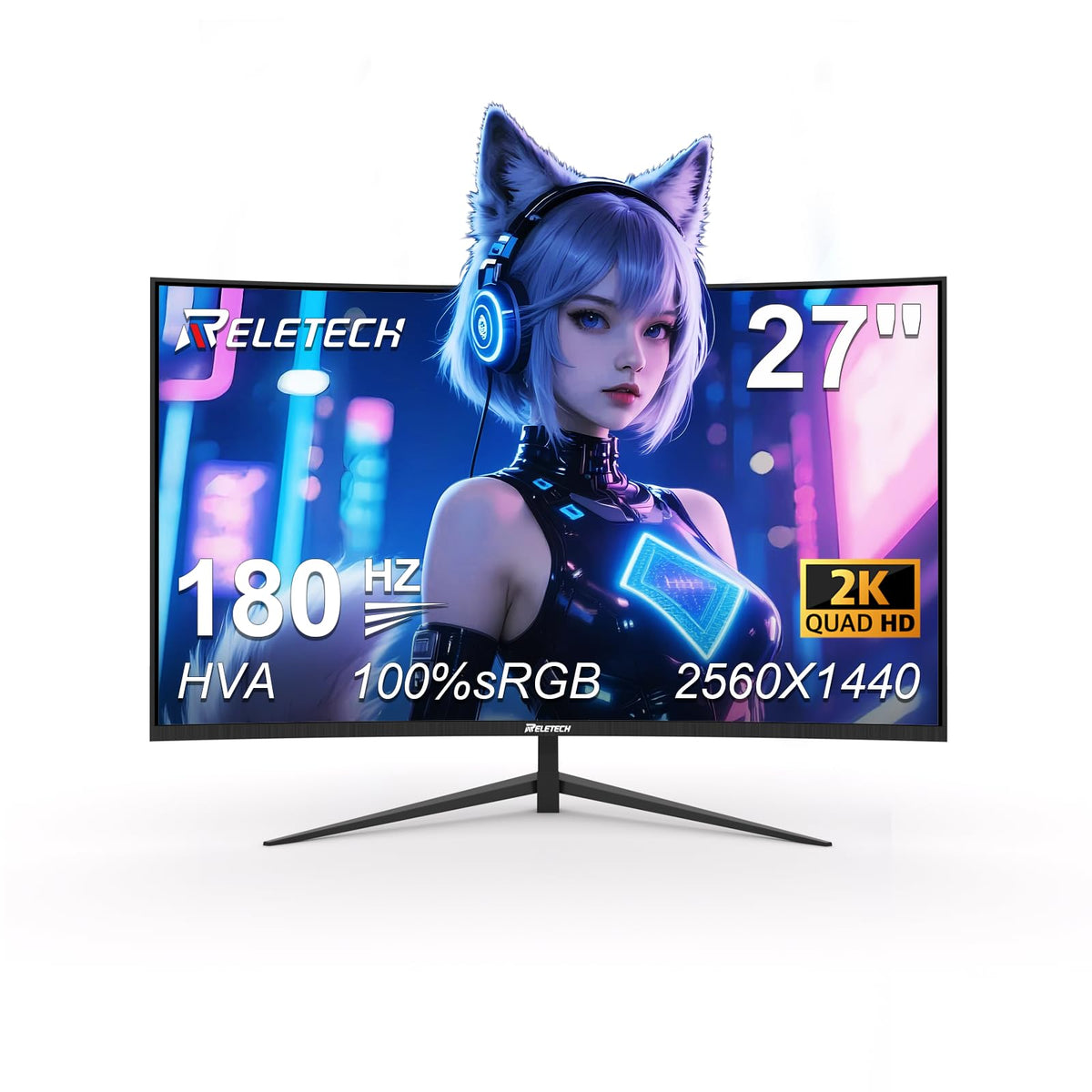 Reletech G27X front view showing crisp QHD display and immersive benefit