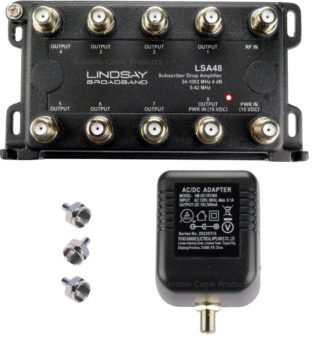 Reliable Cable Products LSA48 front view shows compact design for multi-room TV distribution.