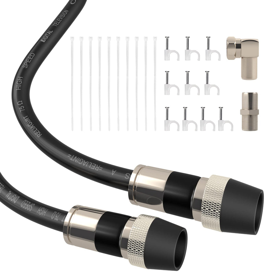 RELIAGINT 25ft RG6 cable with weatherproof boot for outdoor TV antenna connections.