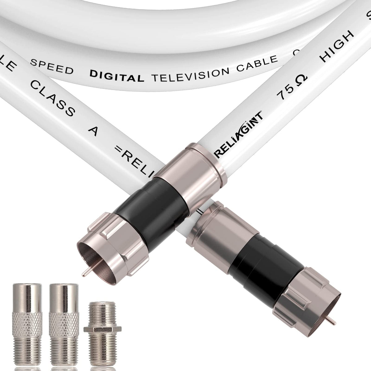 RELIAGINT 75ft RG6 coaxial cable white for reliable HDTV and internet signals.