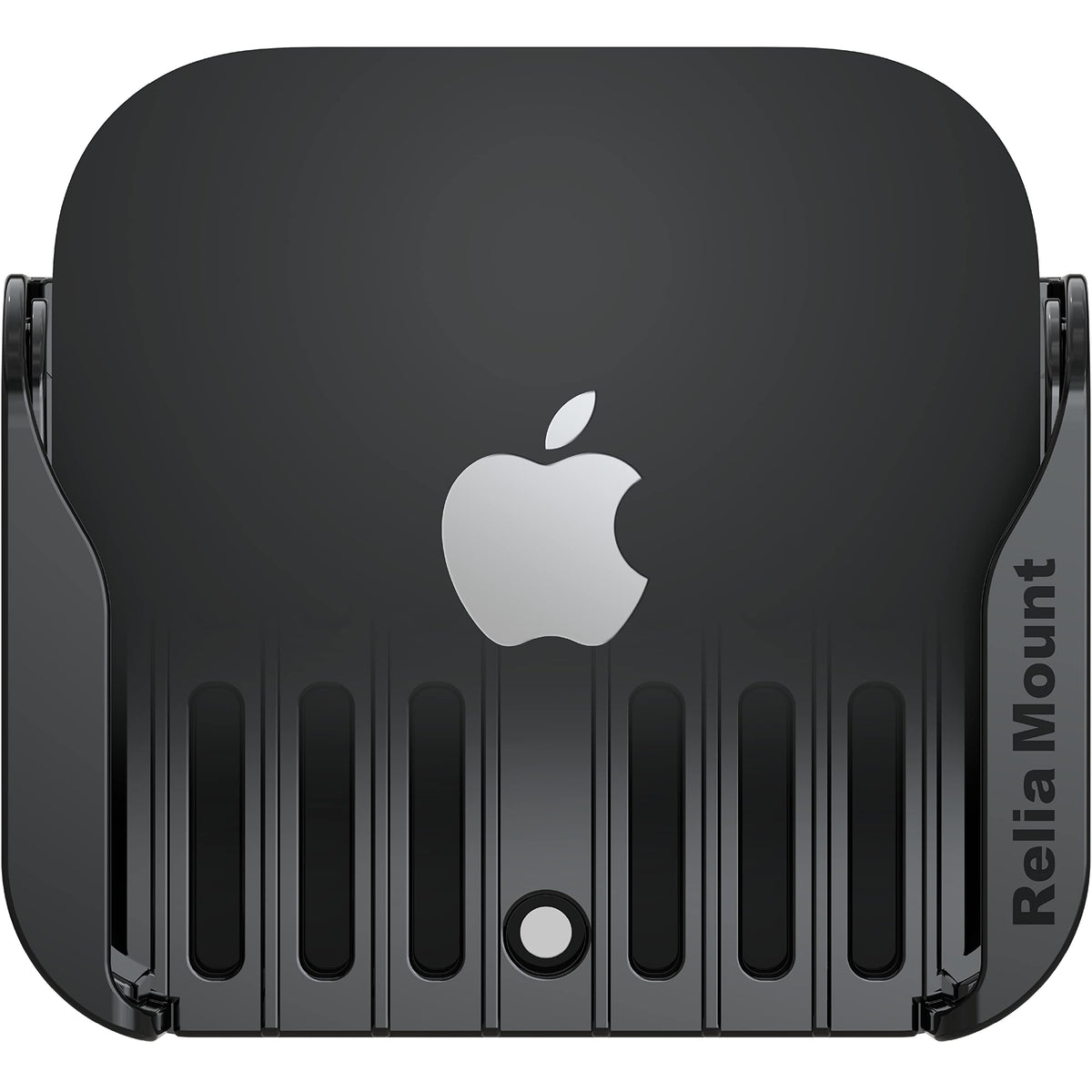 ReliaMount Apple TV mount on the back of the TV using adhesive for clutter-free setup.