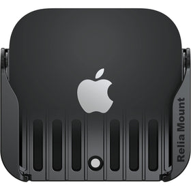 ReliaMount Apple TV mount on the back of the TV using adhesive for clutter-free setup.