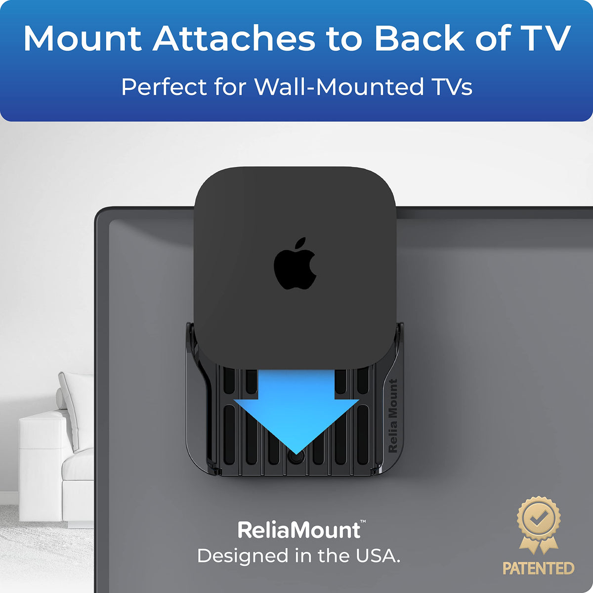 ReliaMount Apple TV mount with hardware included for quick installation.