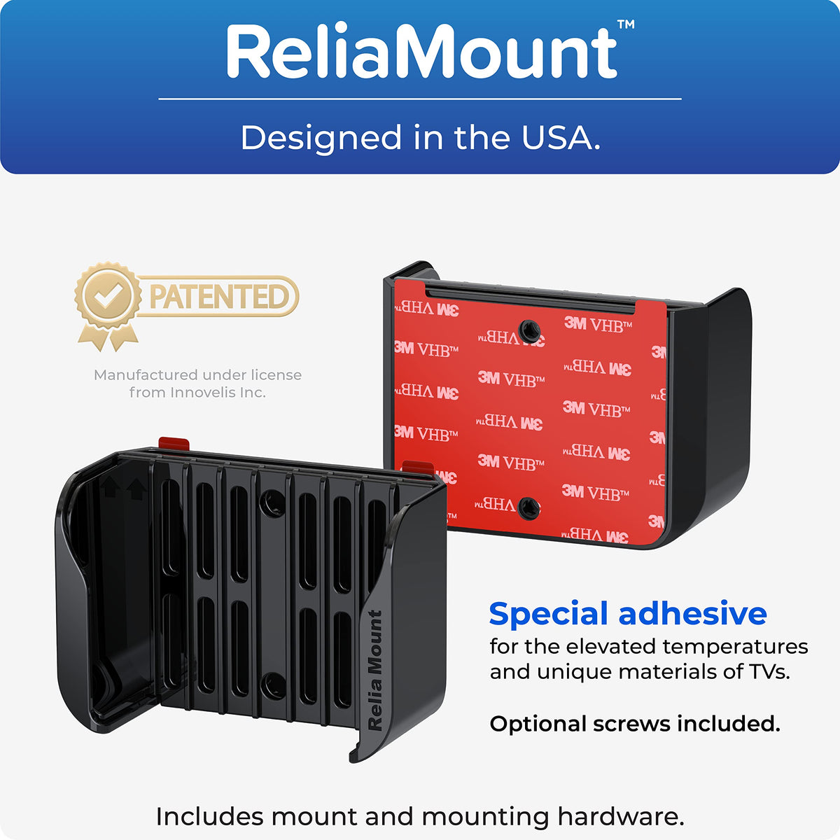 ReliaMount Apple TV mount enables hole-free installation with adhesive.