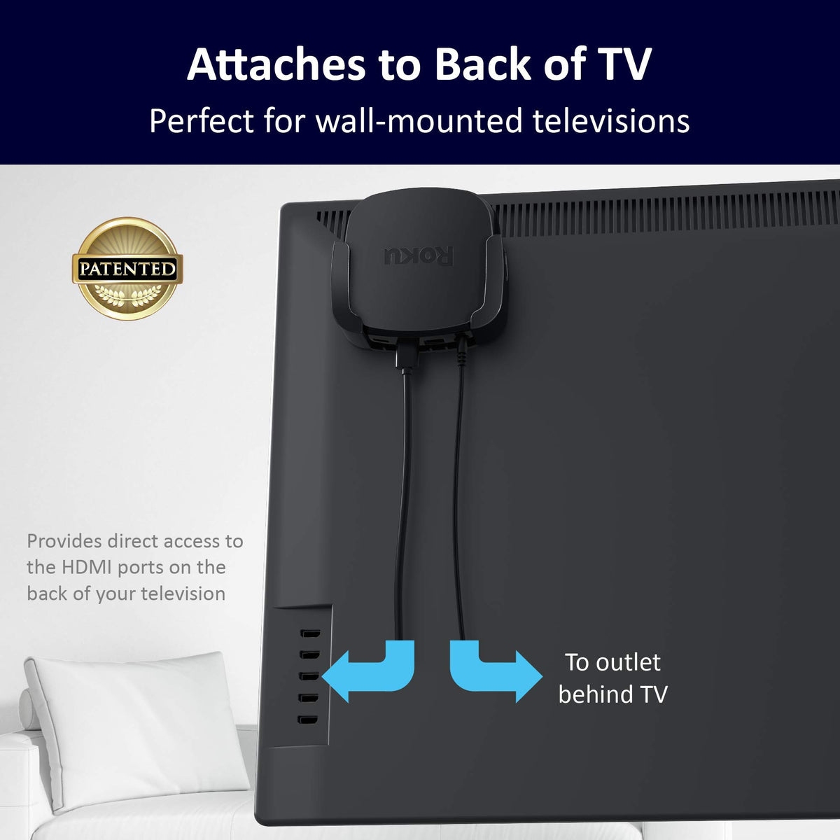 ReliaMount shows HDMI port access on the back of the TV.