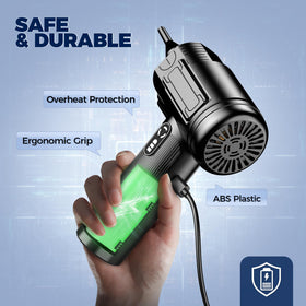 RELIDOL being used on a keyboard blowing out dust for safer electronics maintenance