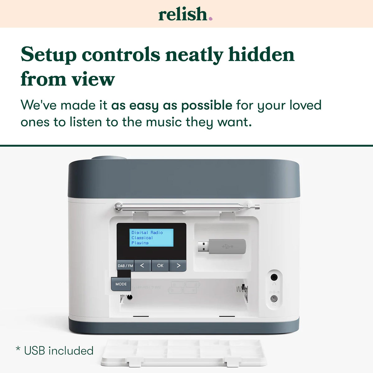Relish preset cards enable quick, personalized music or station selection.