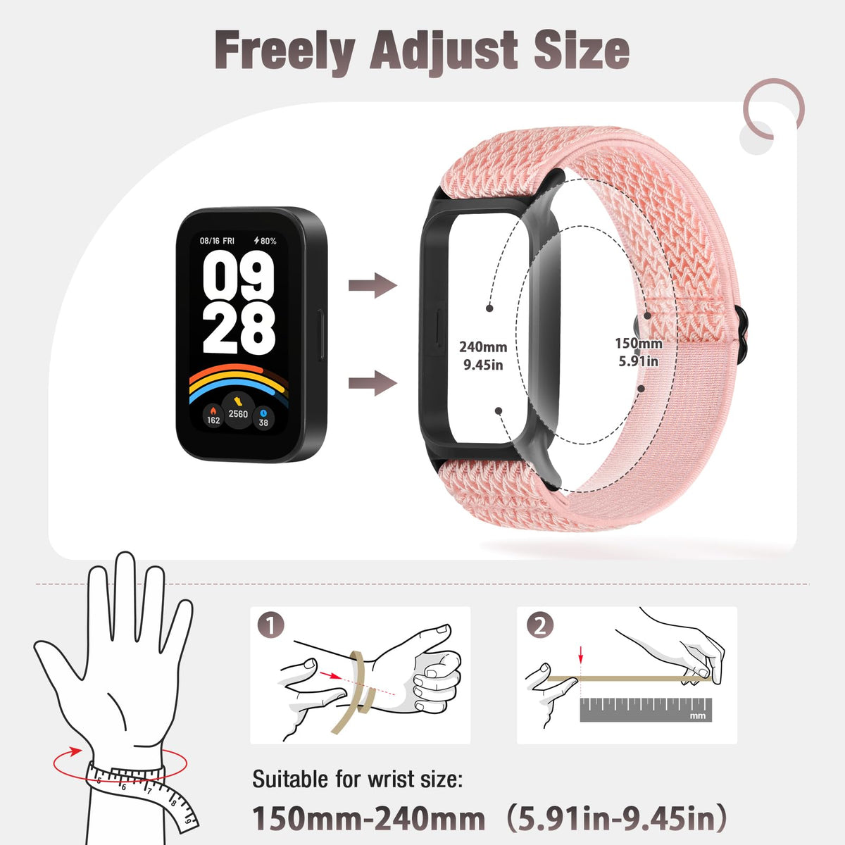 Relting band worn on wrist with smart watch block installed demonstrating secure fit while moving