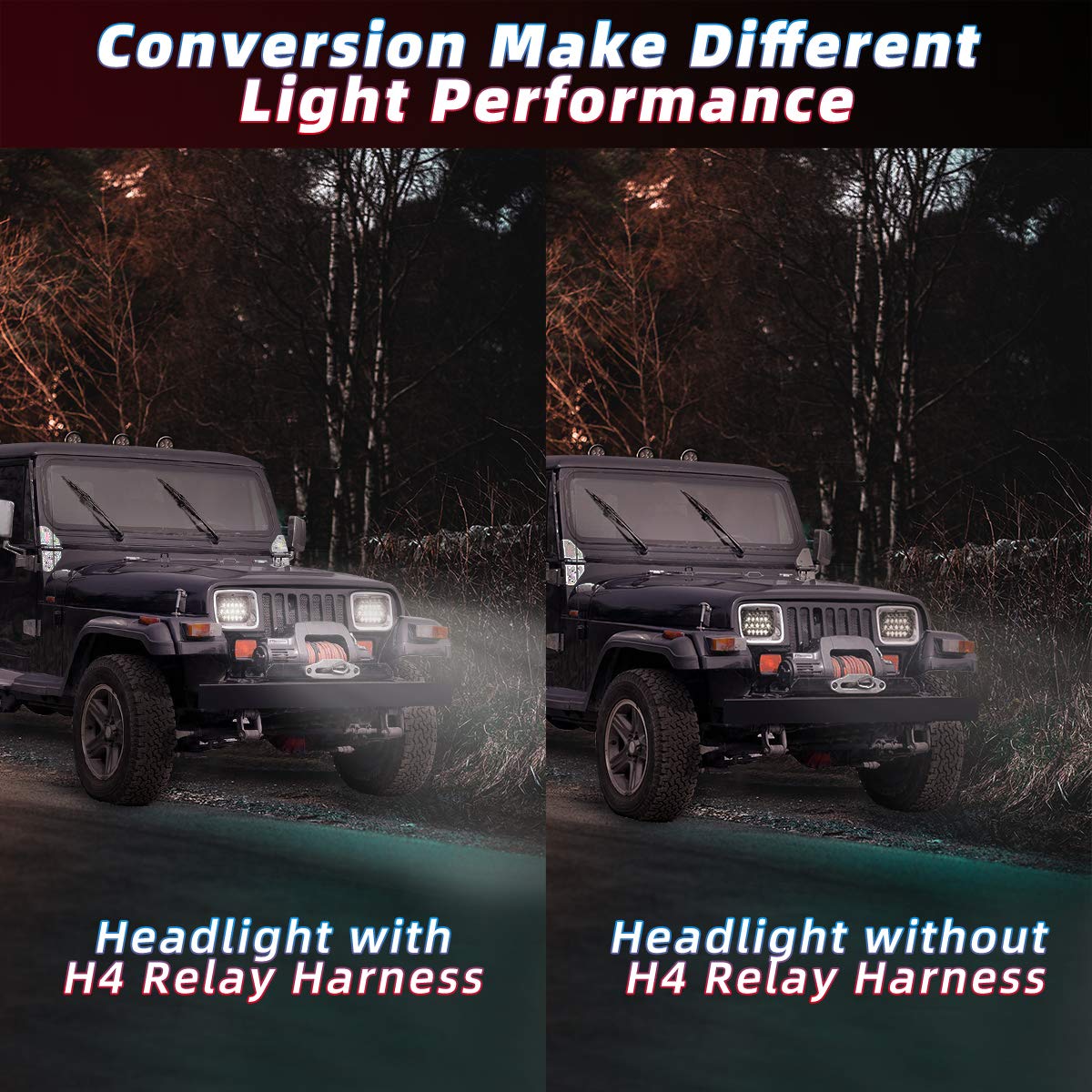 H4/9003 LED headlights connected via RENMAII-LIGHT harness for safer wiring.