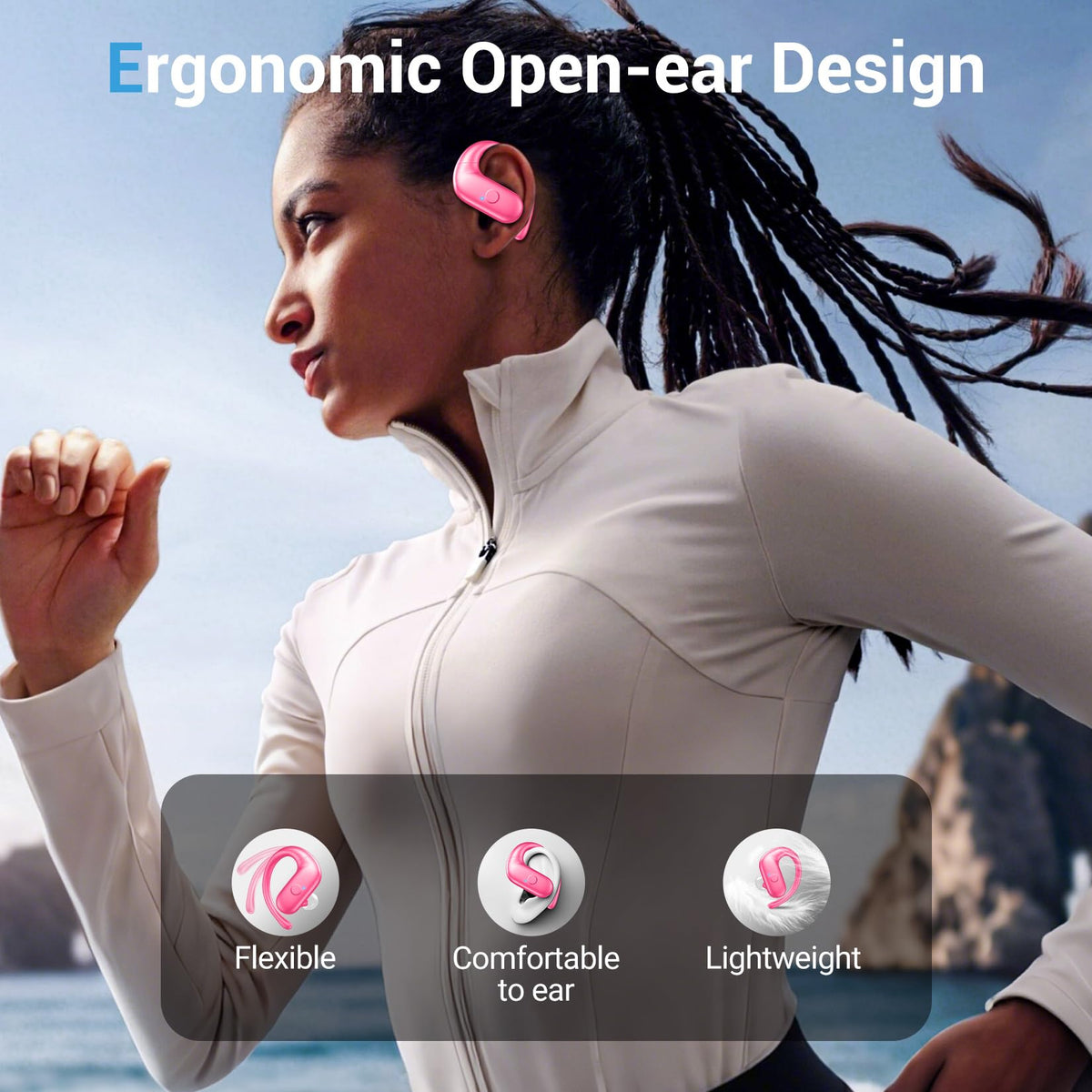 Renmou hot pink earbuds 60h playtime case showing long-lasting battery