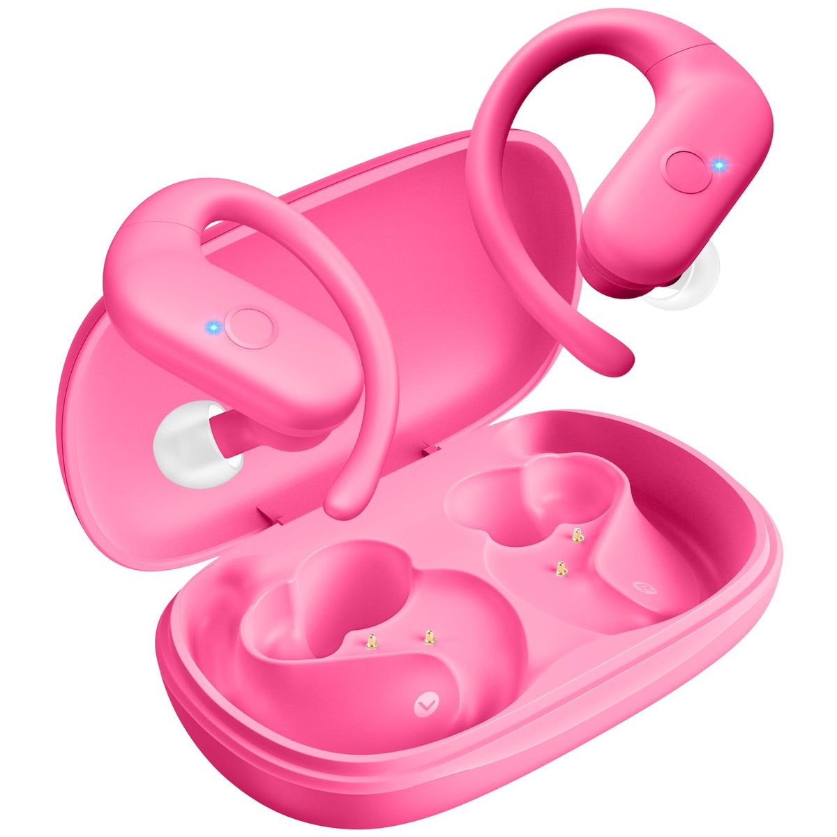 Renmou hot pink earbuds lifestyle shot highlighting comfort and style