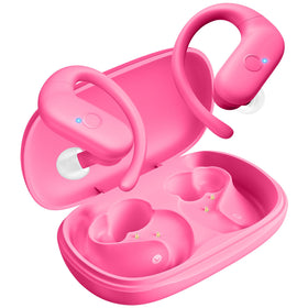 Renmou hot pink earbuds lifestyle shot highlighting comfort and style