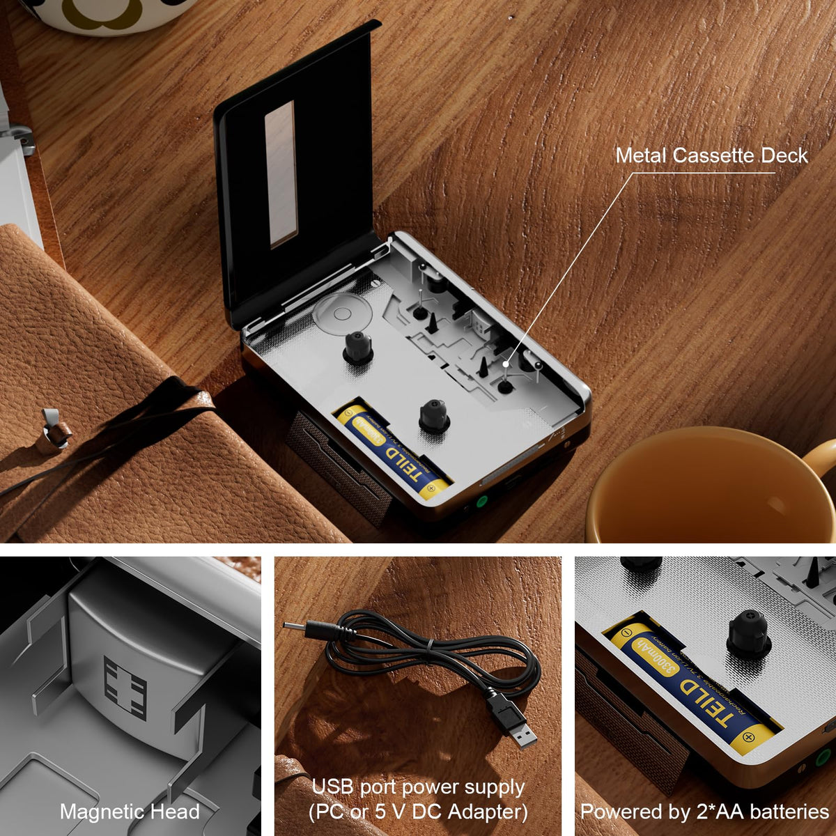 Reshow cassette player connecting cables demonstrates universal 3.5mm AUX compatibility for diverse devices.