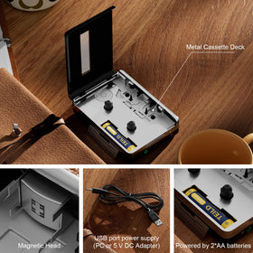 Reshow cassette player connecting cables demonstrates universal 3.5mm AUX compatibility for diverse devices.