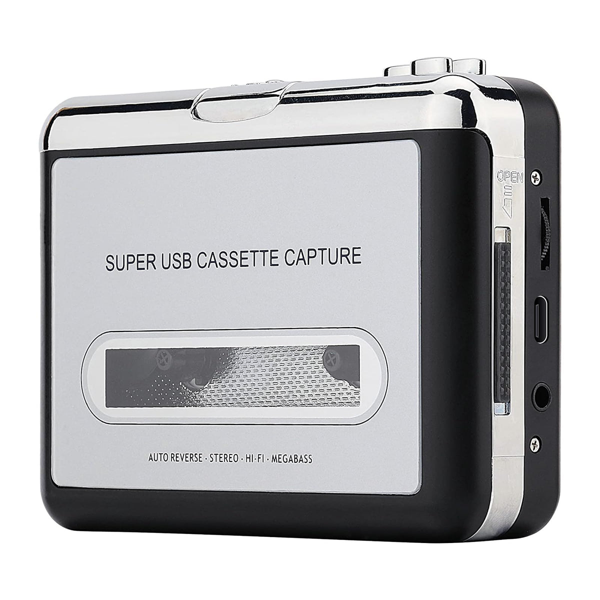 Reshow front view silver portable player showing play button and cassette slot for convenient playback