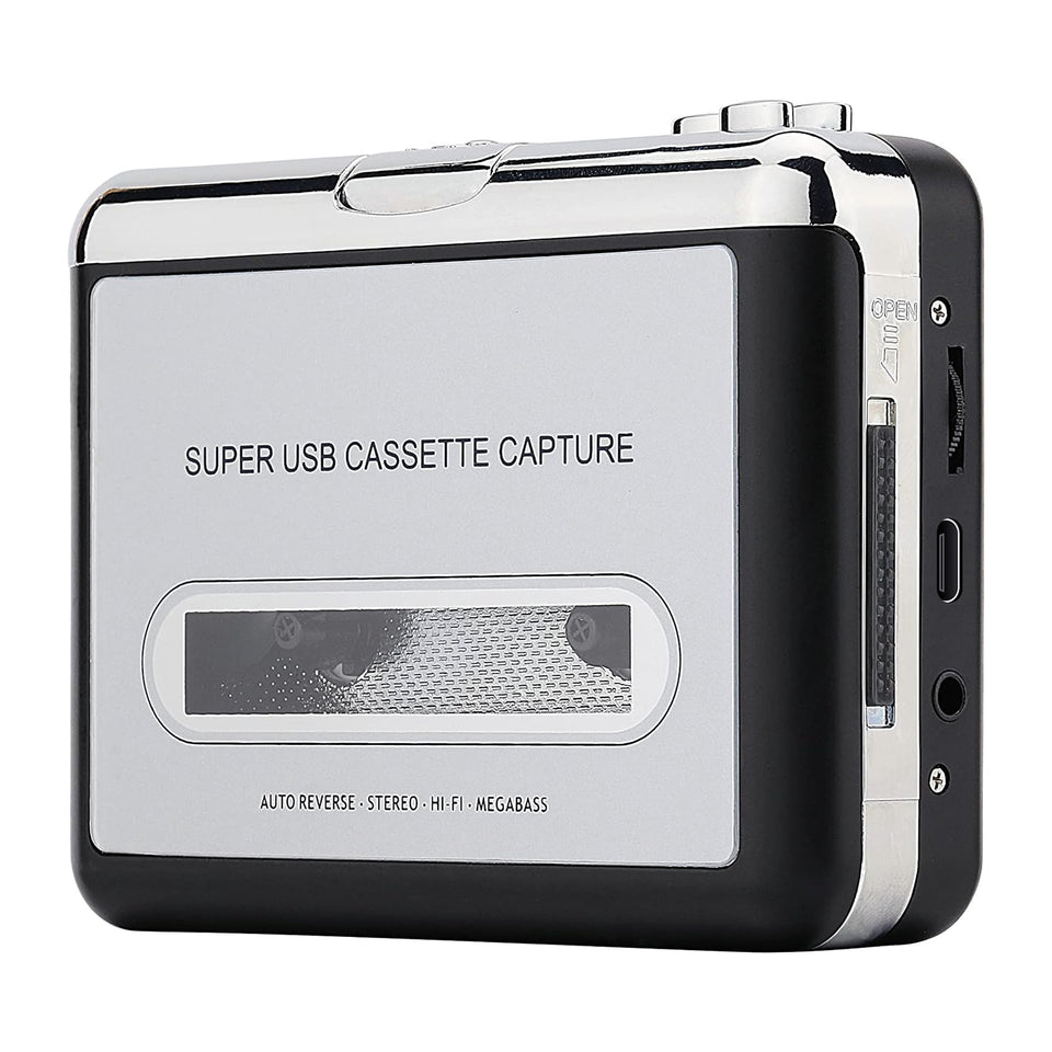 Reshow front view silver portable player showing play button and cassette slot for convenient playback