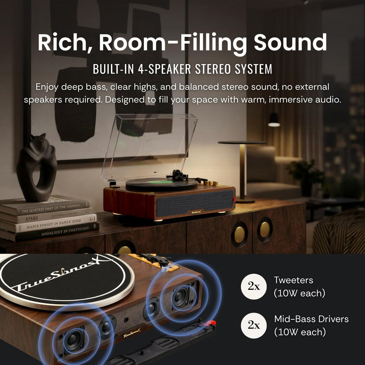 RESONANCE AUDIO WORKS built-in four-speaker system enhances room sound with rich highs and lows