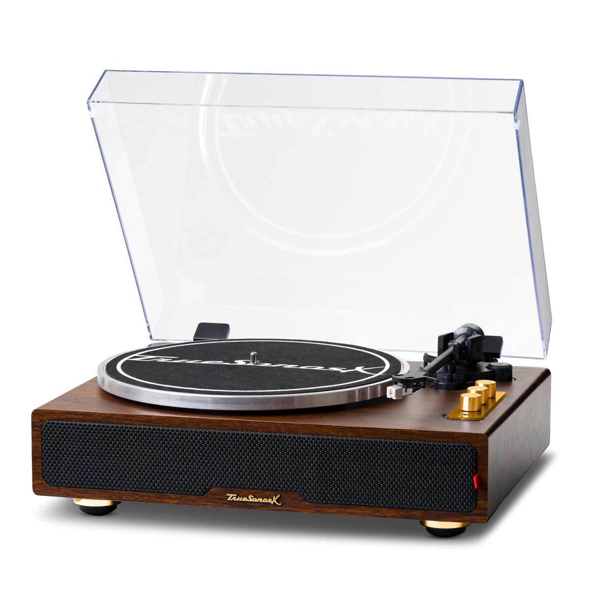 RESONANCE AUDIO WORKS hi-fi turntable in dark walnut with built-in speakers for immersive vinyl listening