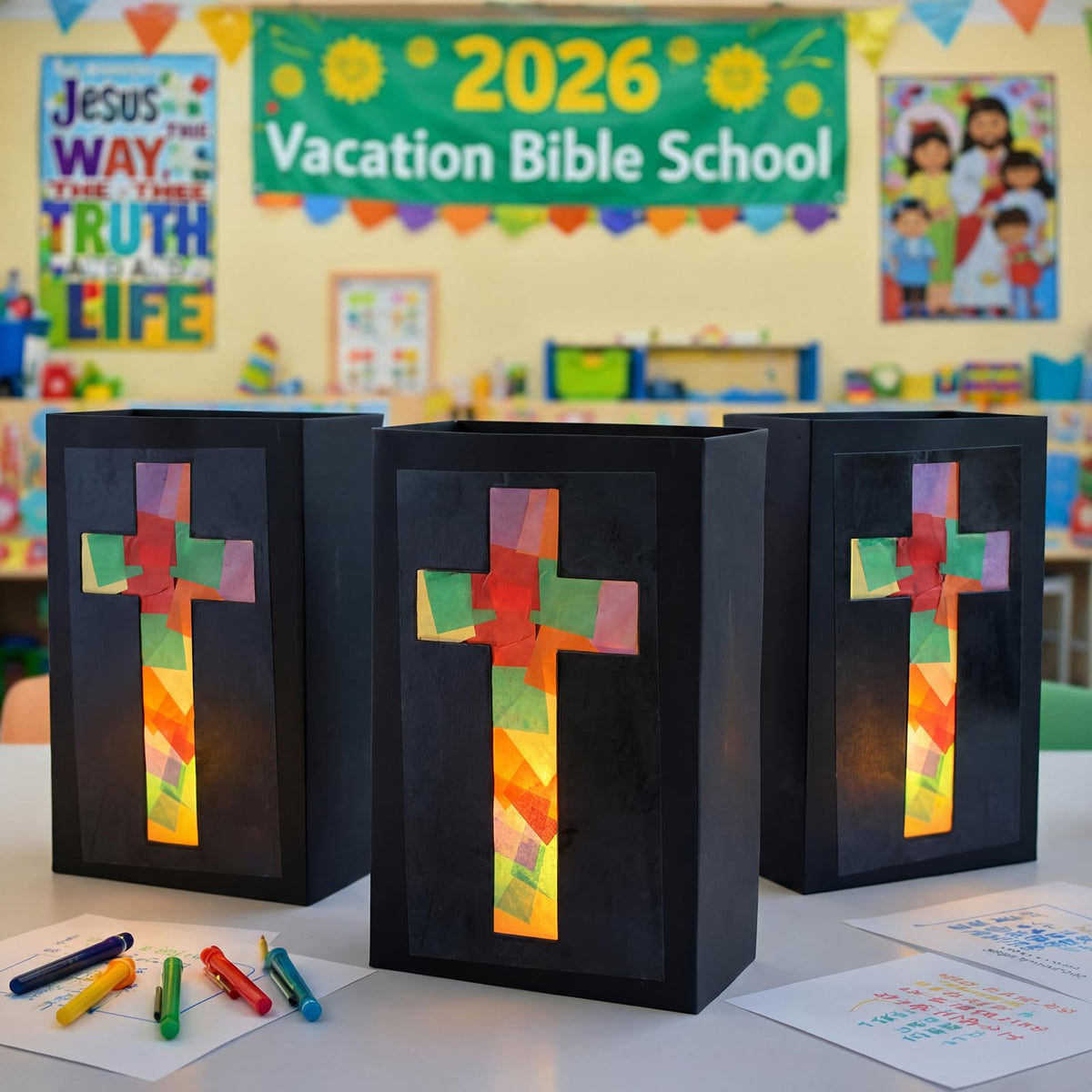 LED candle lights placed inside lanterns for safe classroom illumination