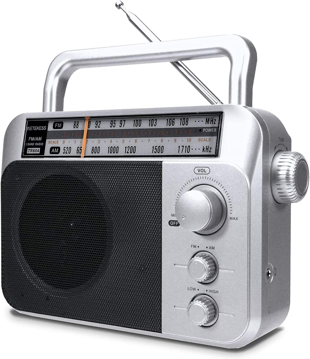 Retekess front panel view showing dial and speaker for clear station access