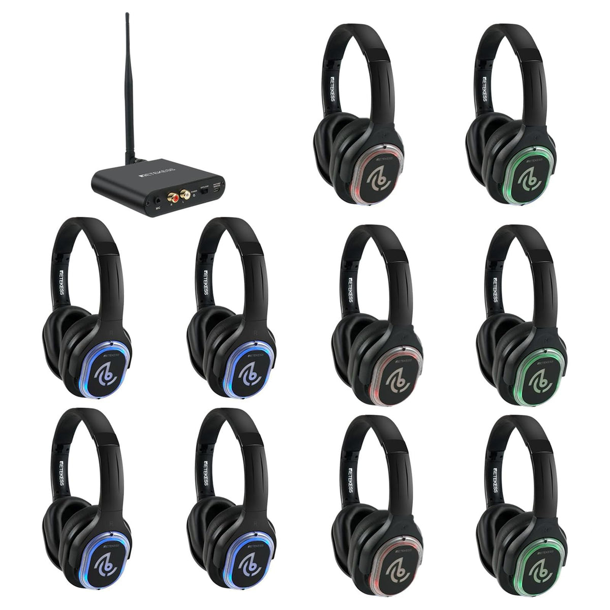 Retekess TA003 headphones front view for silent disco with immersive Hi-Fi sound.