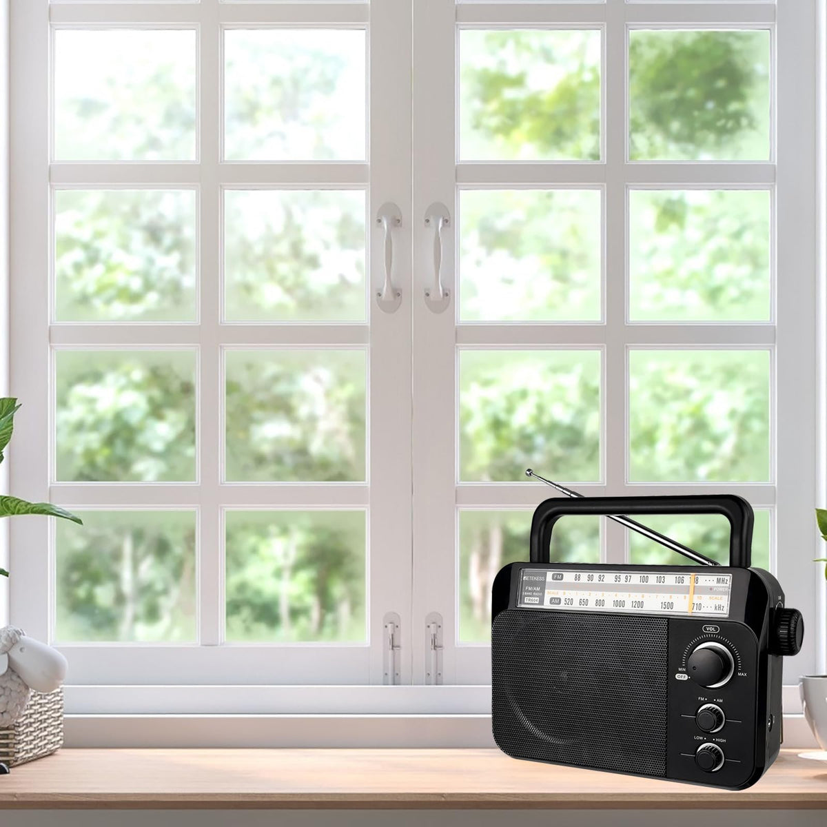Retekess TR604 with earphones plugged in for private listening anywhere