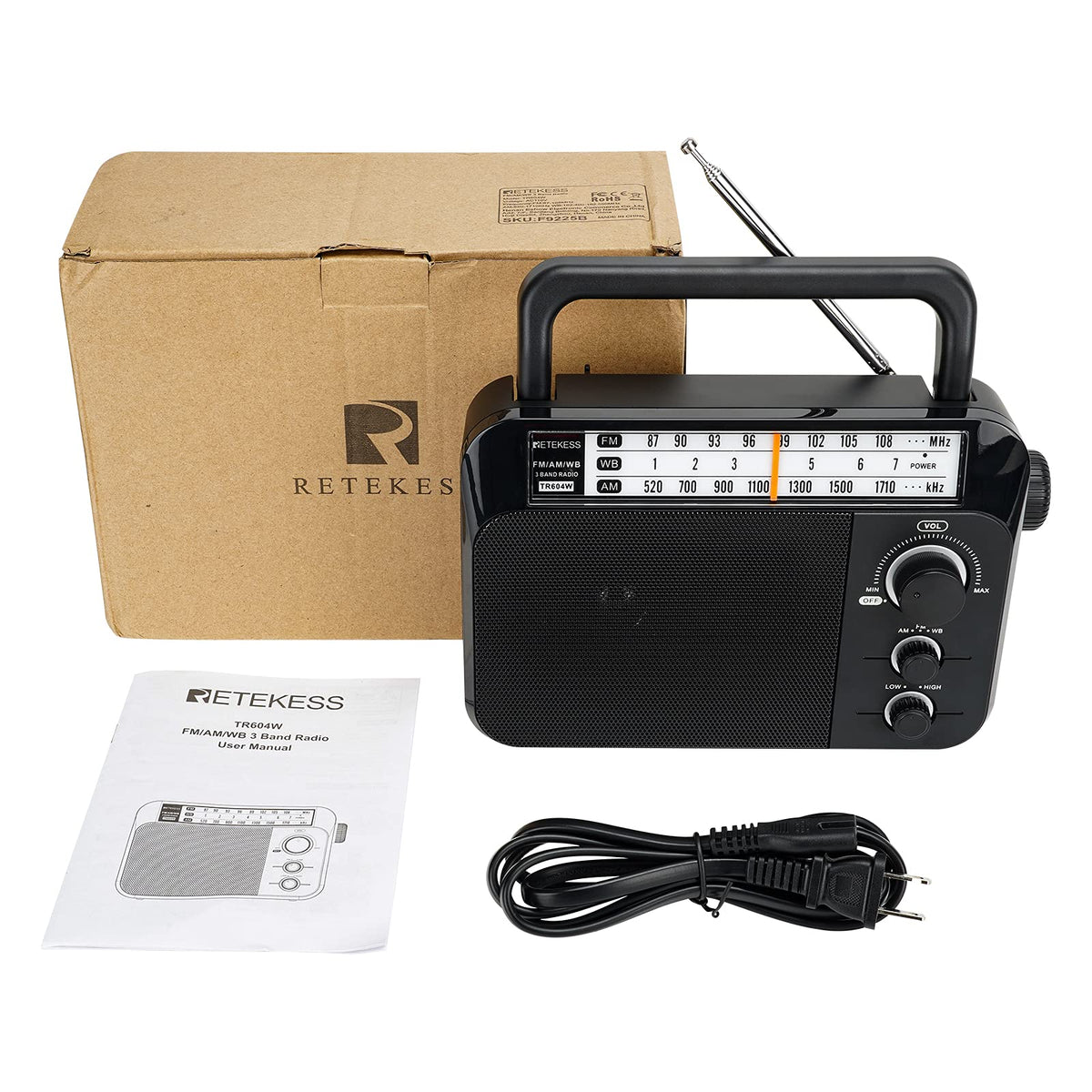 Retekess TR604W AC adapter connected demonstrating continuous home power