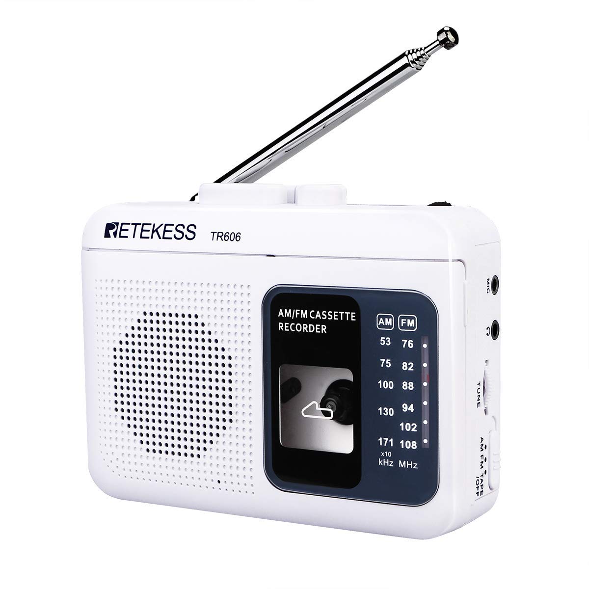 Retekess TR606 front view shows a compact cassette player for travel