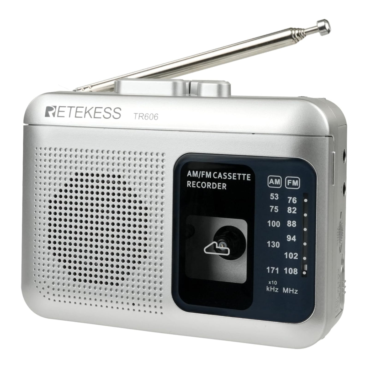 Retekess TR606 tape player front view with easy AM/FM tuning.