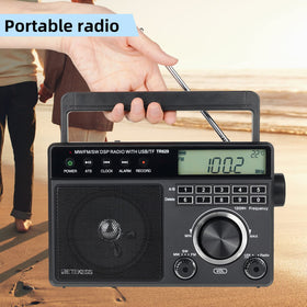 Retekess TR629 backlit LCD display visible at night, easy-to-read station info benefit