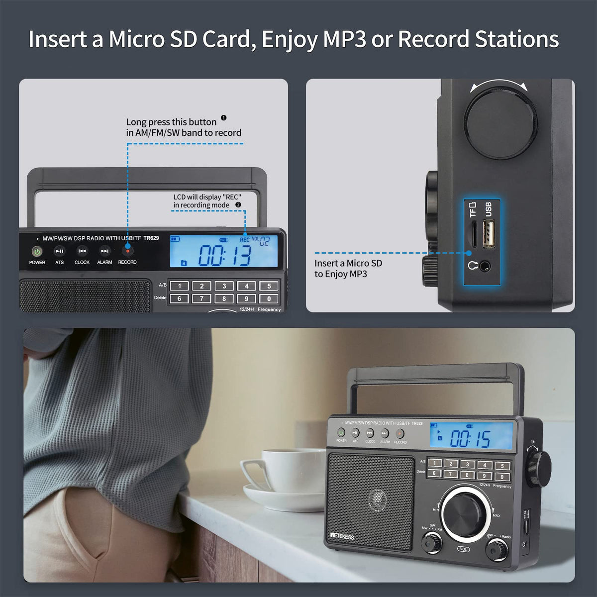 Retekess TR629 side ports with USB and microSD slots, simple recording benefit