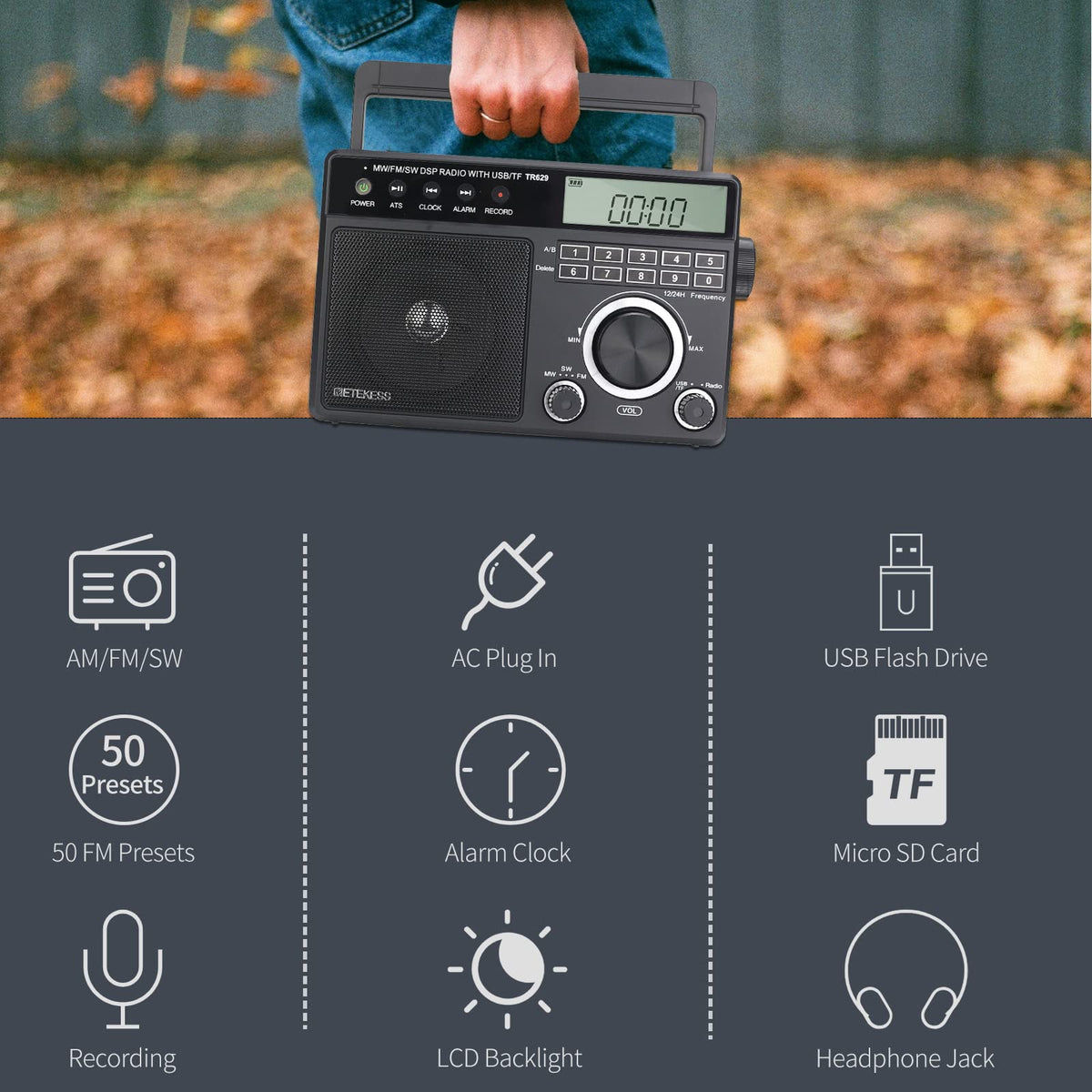 Retekess TR629 held in hand to show compact size and portability benefit