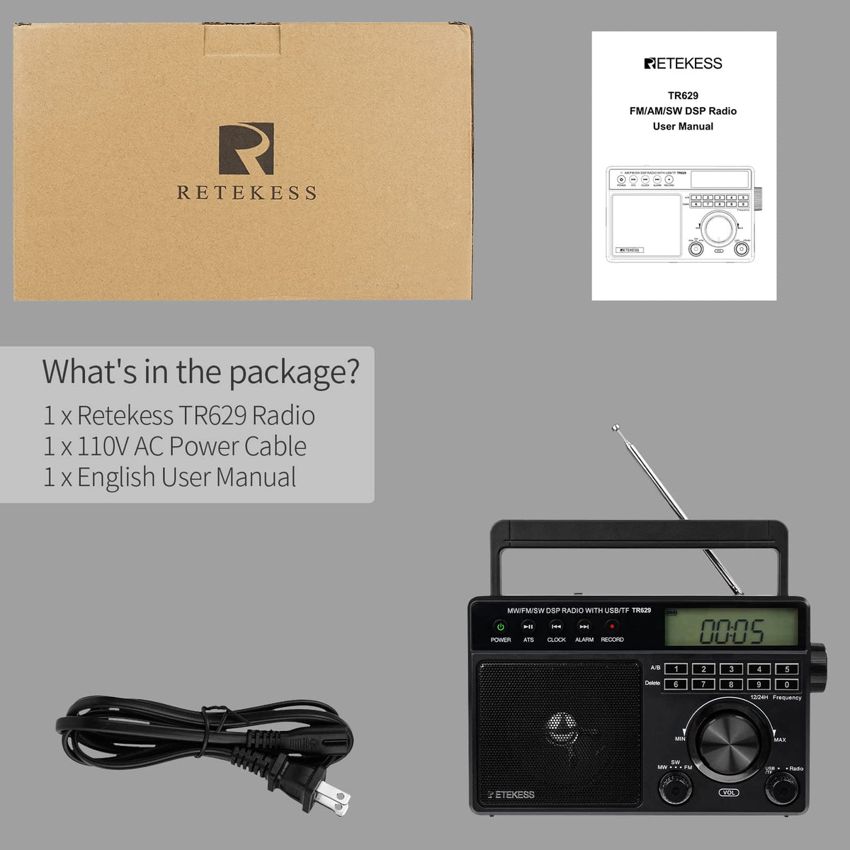 Retekess TR629 on bedside table showing alarm and snooze use, dependable bedside benefit