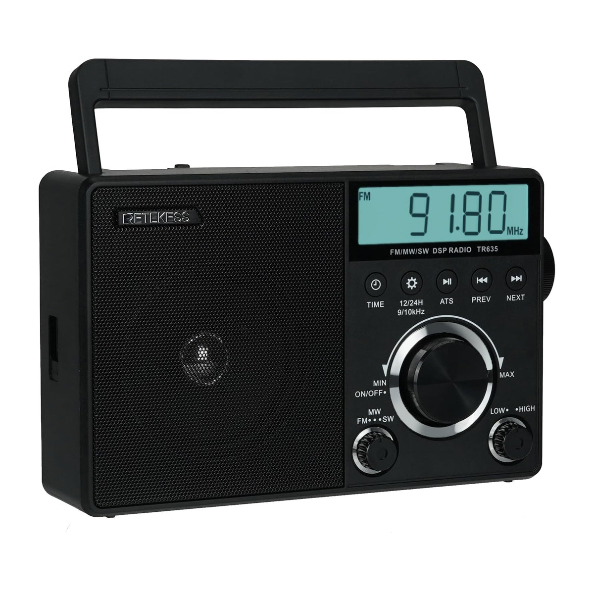 Retekess TR635 front view showing controls and readable display for easy tuning