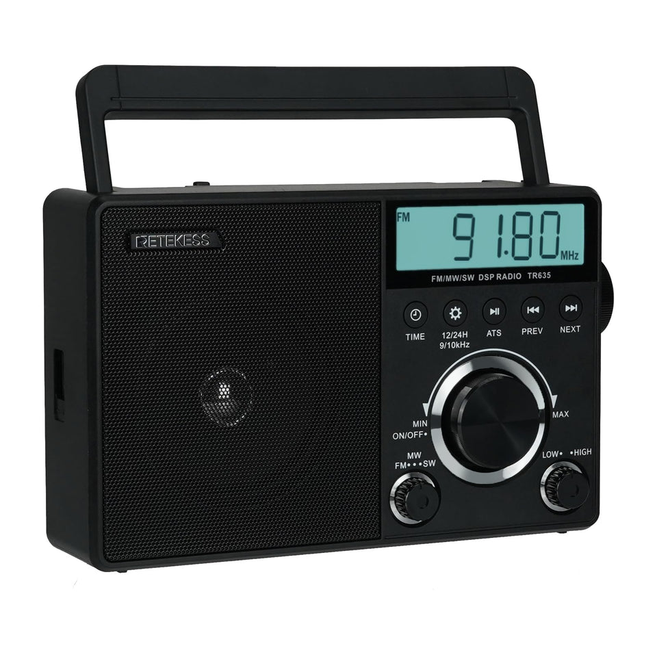 Retekess TR635 front view showing controls and readable display for easy tuning
