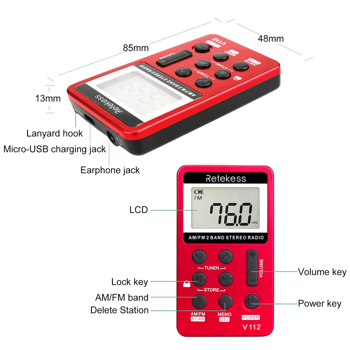 Retekess V112 card-size pocket radio emphasizes ultra-portable design for travel and jogs.
