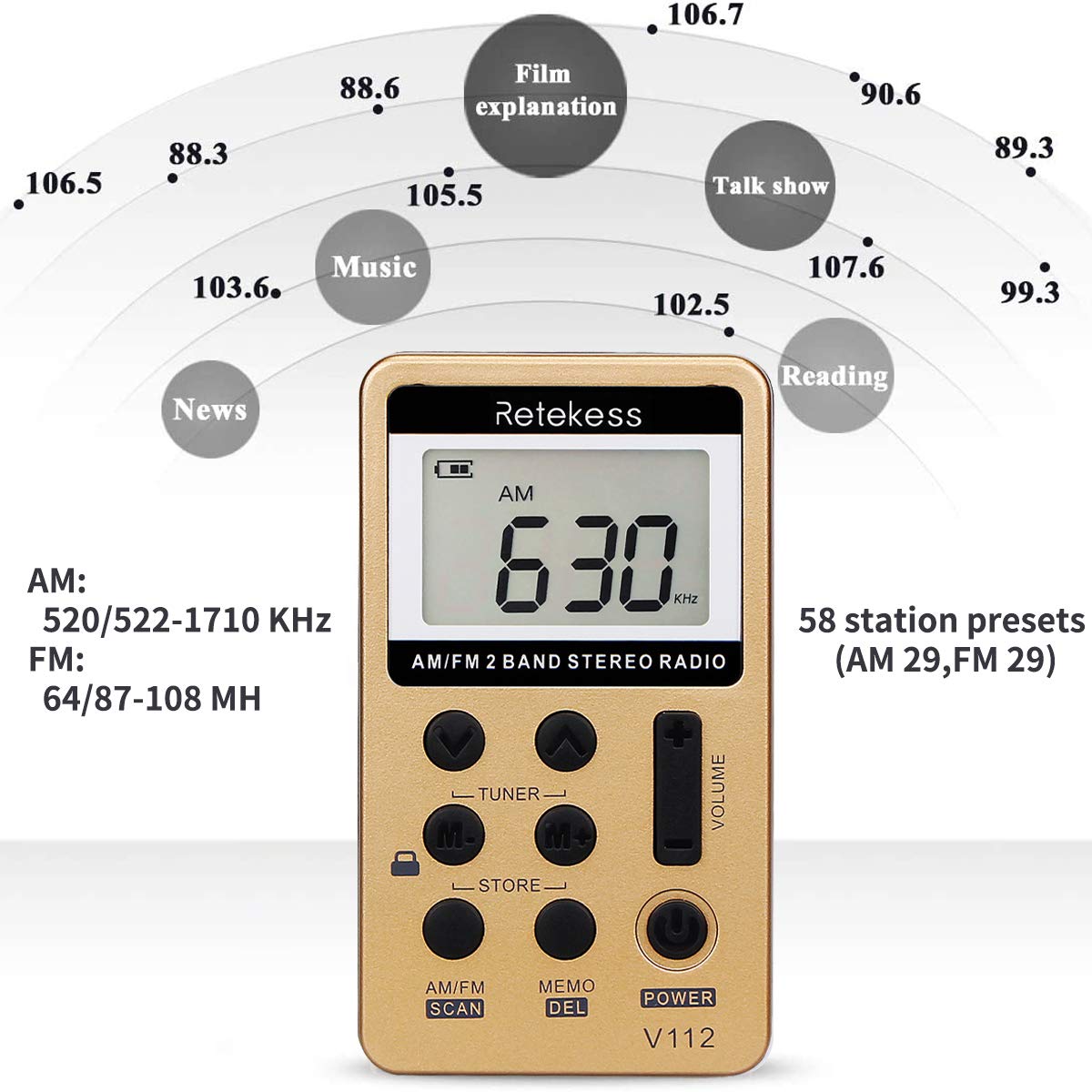 Retekess V112 digital display in gold, quick tuning feedback at a glance.