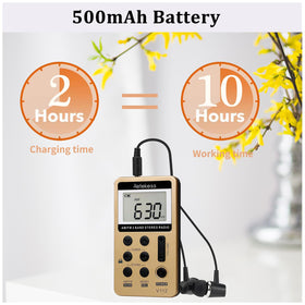 Retekess V112 earphones with radio in gold, private listening with strong reception.