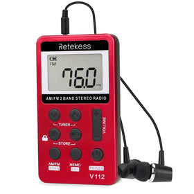 Retekess V112 pocket radio front view, compact and easy to carry for daily listening.