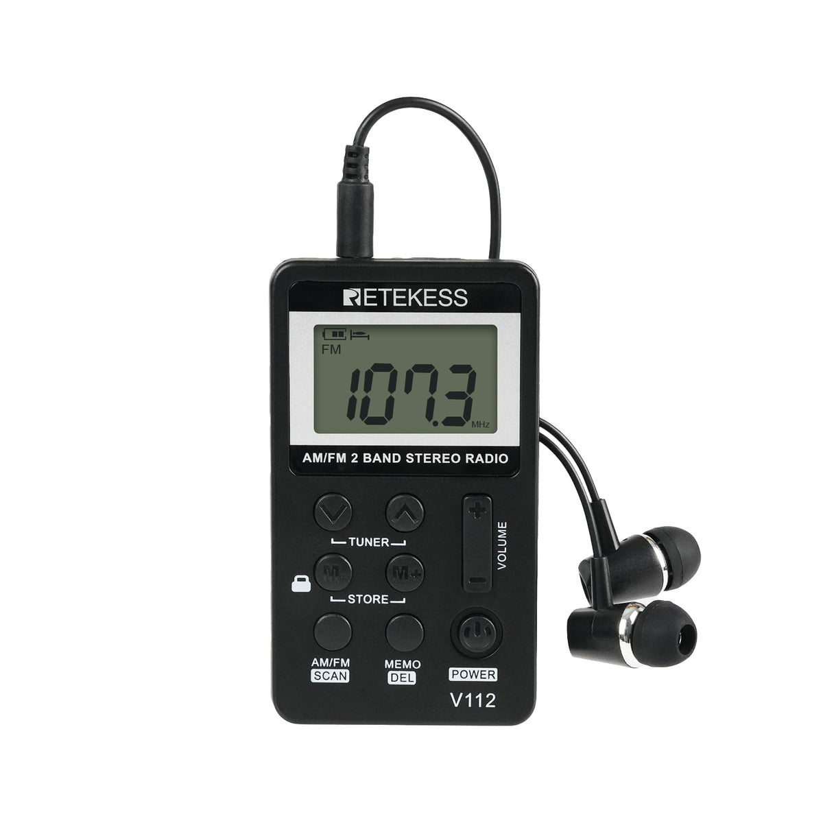 Retekess V112 pocket radio front view showing compact carry