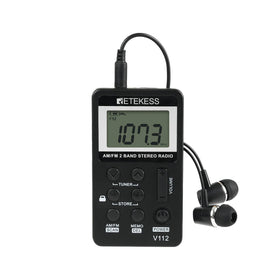 Retekess V112 pocket radio front view showing compact carry