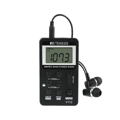 Retekess V112 pocket radio front view showing compact carry