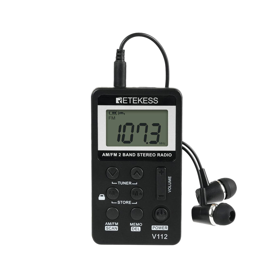 Retekess V112 pocket radio front view showing compact carry