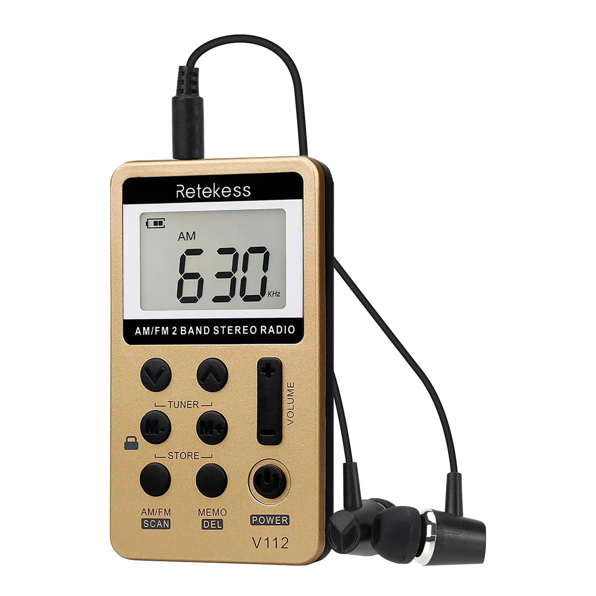 Retekess V112 radio front view in gold, compact and easy to carry.
