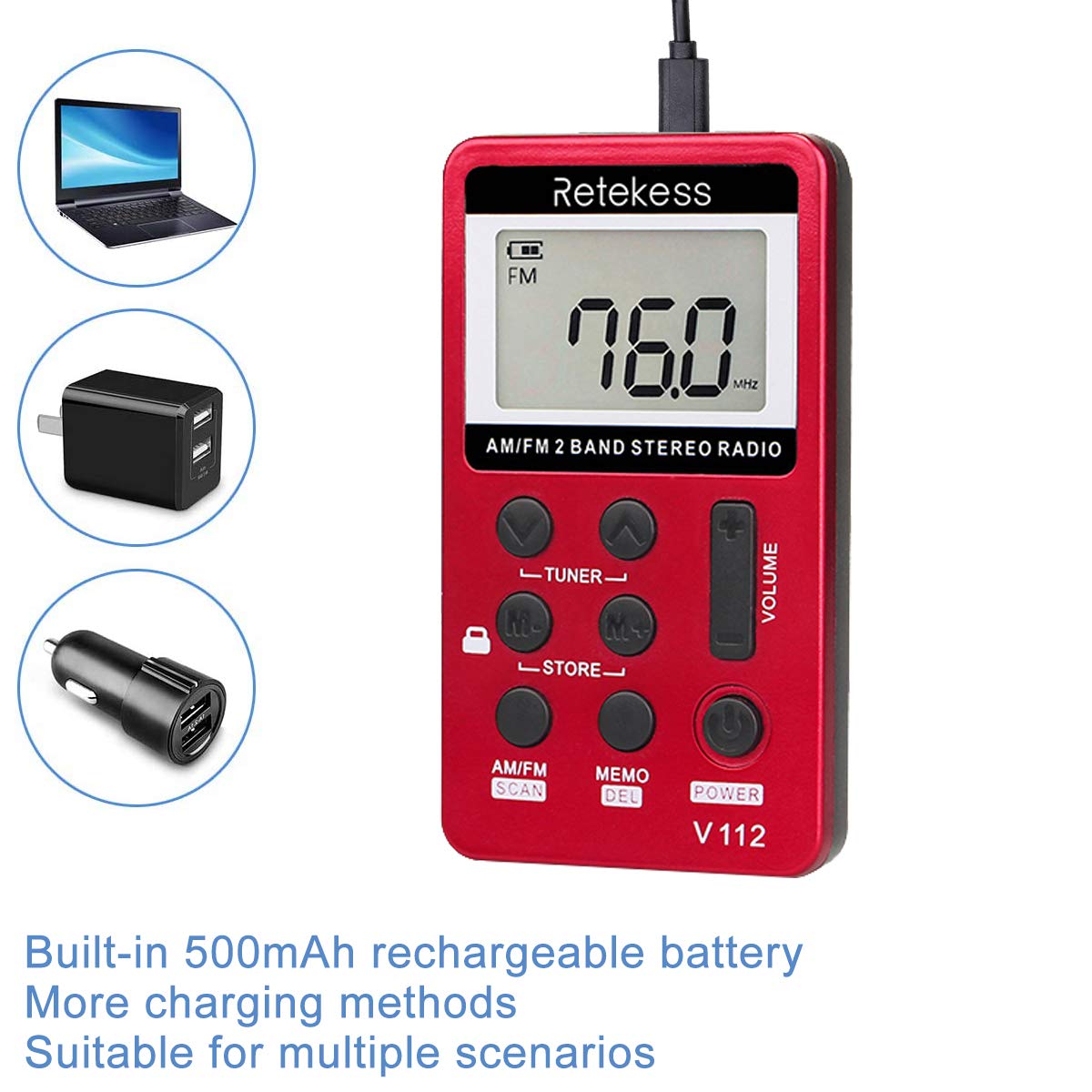 Retekess V112 USB charging cable enables easy recharging on the go.