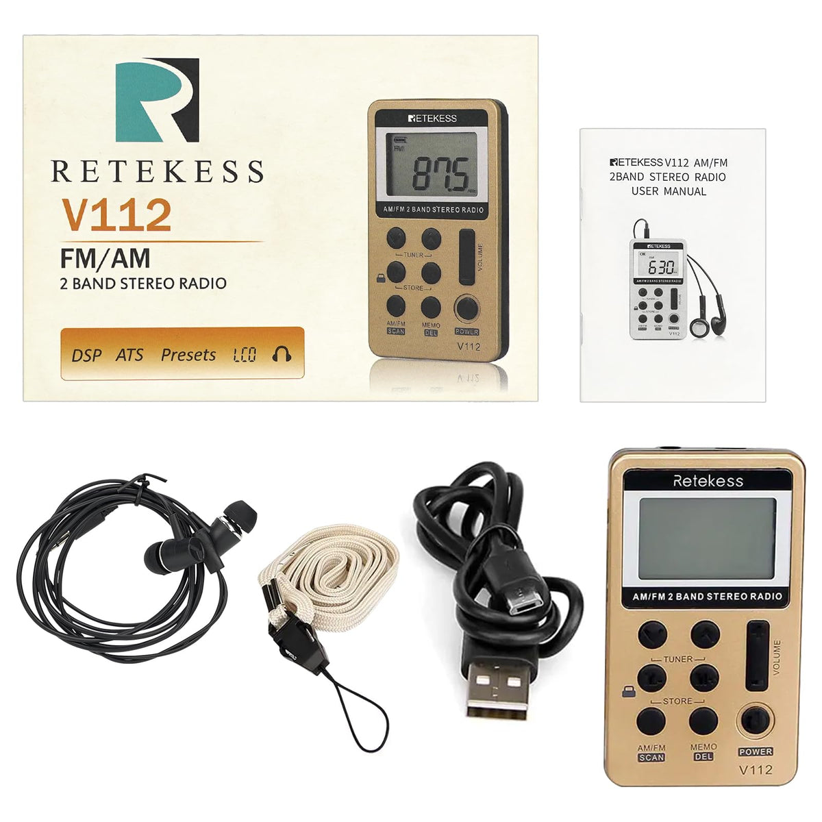 Retekess V112 volume control in gold, 20-level range for precise listening.