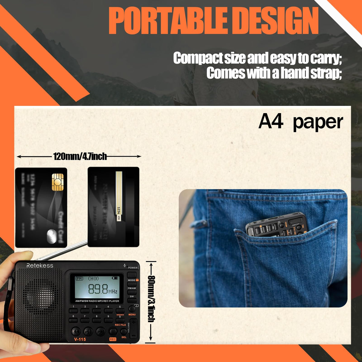 Retekess V115 digital AM/FM interface enables quick station search and presets.