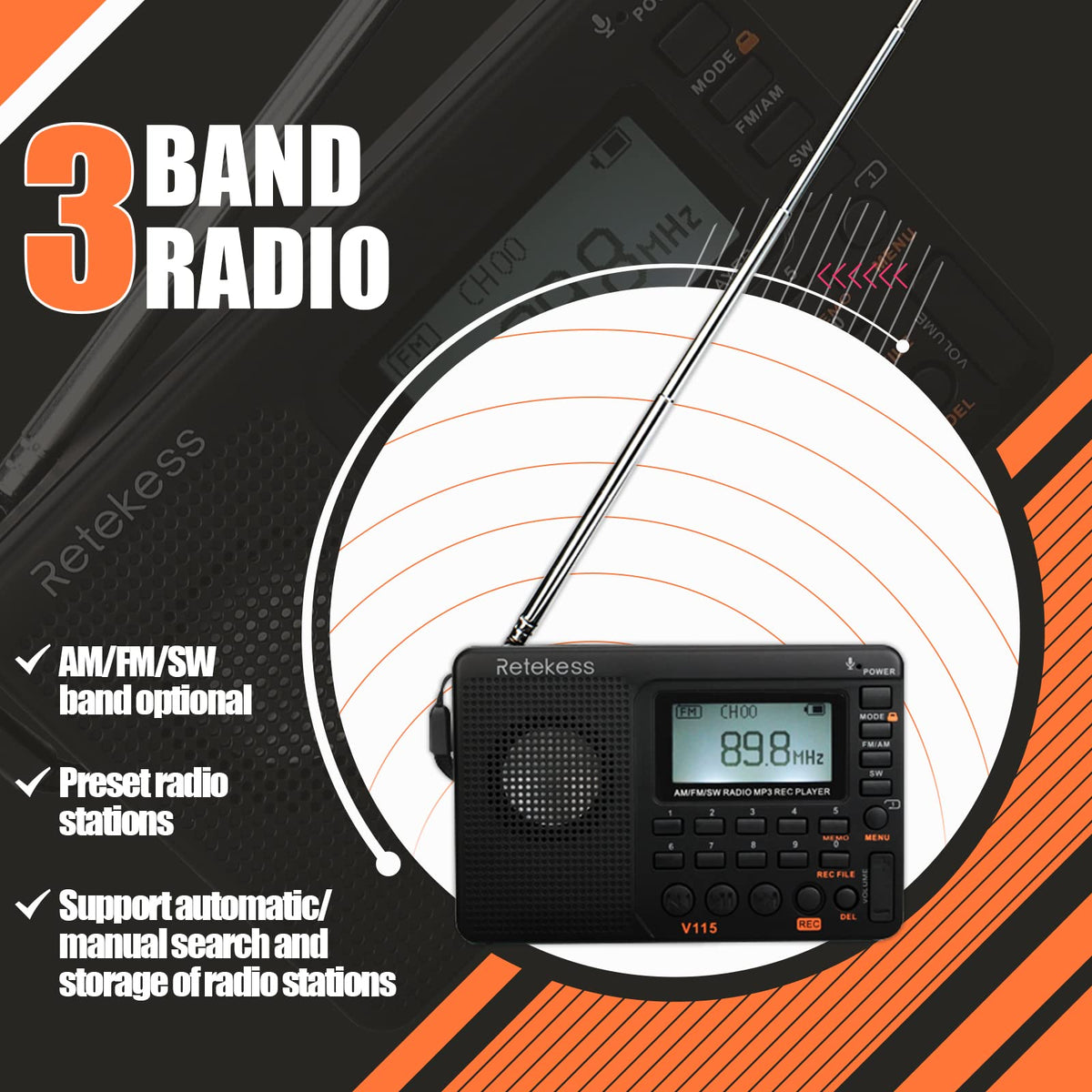 Retekess V115 TF card playback for offline listening and playlists.